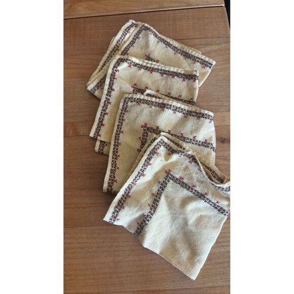 Vintage Cross Stitch Tablecloth With 4 Matching Napkins Beige Floral Design - Picture 6 of 6